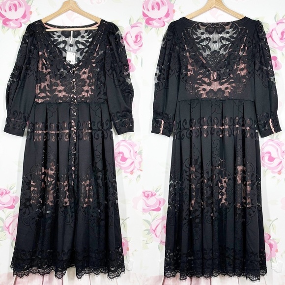 Free People Dresses & Skirts - NEW Free People Shadow Dance Black Floral Lace Midi Dress M